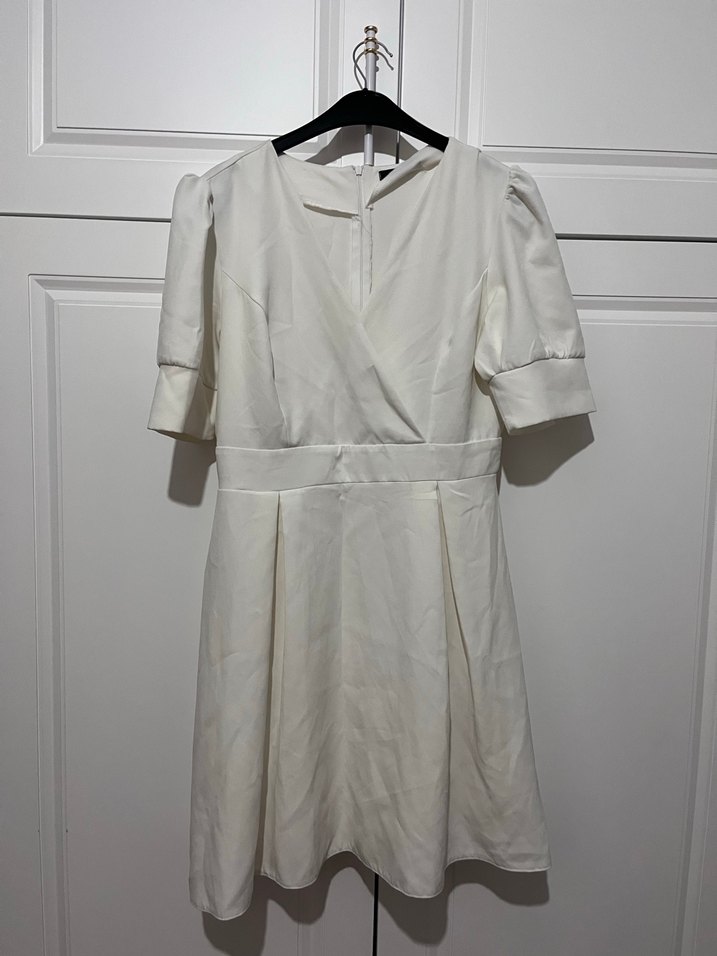 Kısa Kollu Beyaz Midi Keten Elbise - Görsel 2