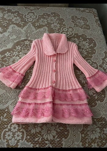 4 Yaş Beden Kız Çocuk Pembe Nakışlı Örgü Hırka