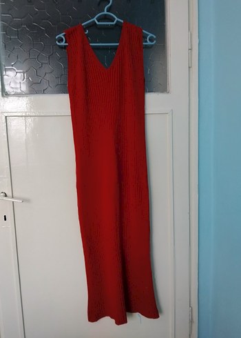 Kırmızı V Yaka Uzun Triko Elbise - Görsel 2