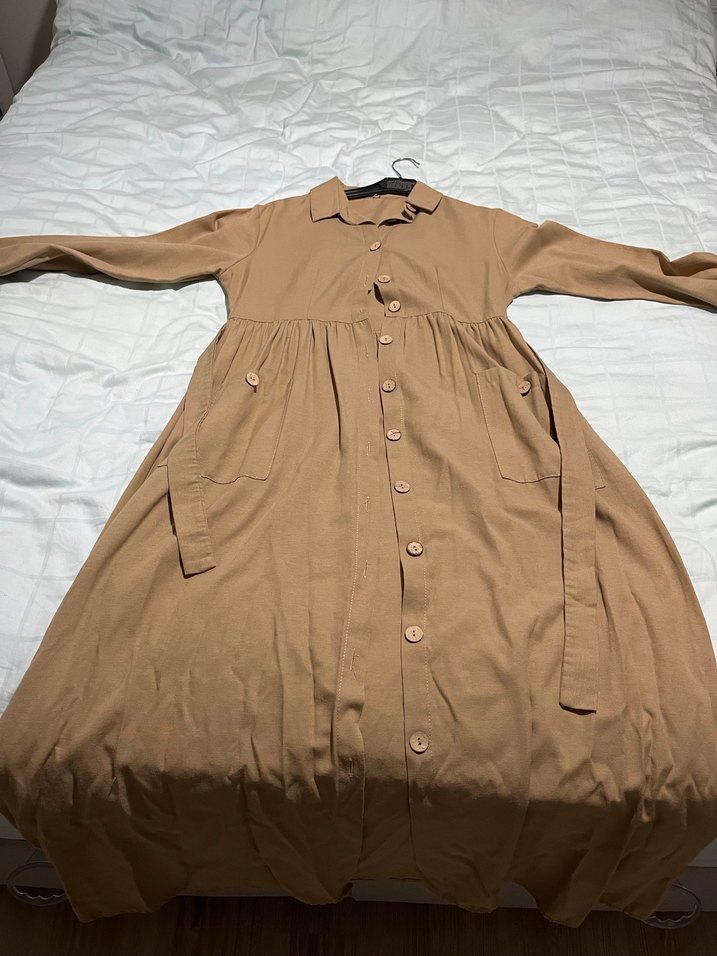 Camel renk Uzun Keten Gömlek elbise - Görsel 2