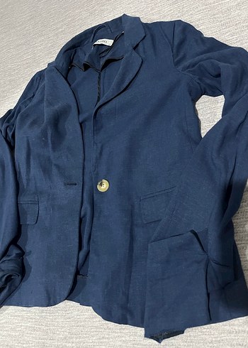 Düğmeli Lacivert Keten Kadın Blazer - Görsel 2