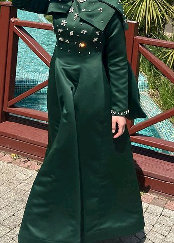 Abiye Yeşil Nakışlı Taşlı özel dikim Uzun Abiye Elbise