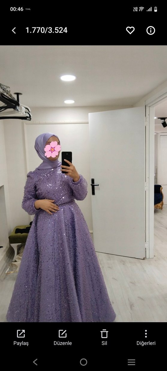 Uzun Kol Mor Drape Detaylı Abiye Elbise - Görsel 4