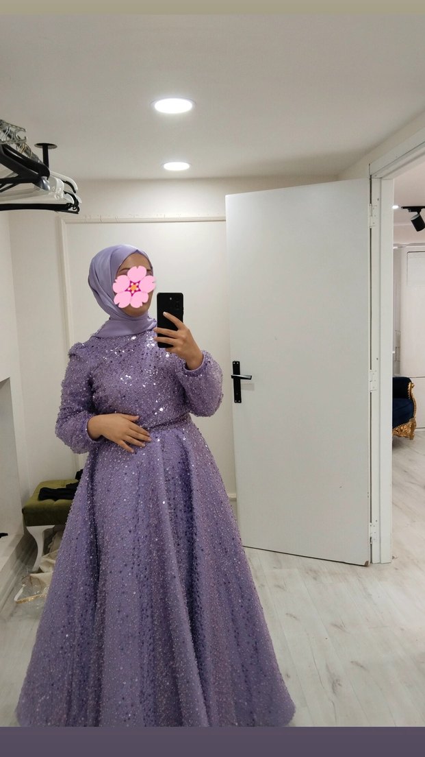 Uzun Kollu Mor Payetli Abiye Elbise - Görsel 3