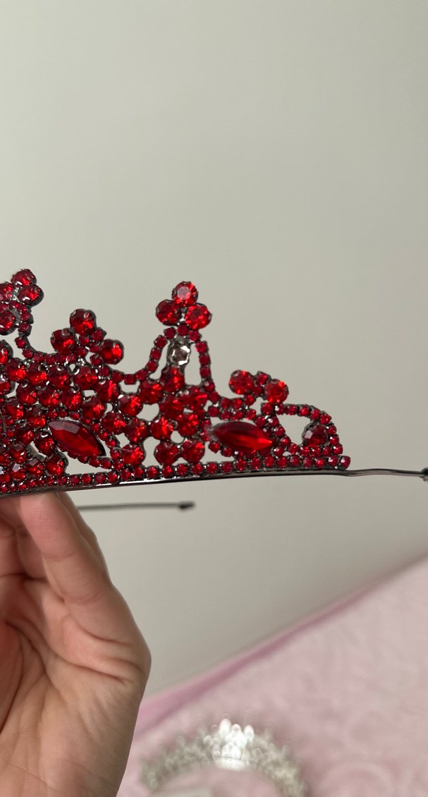 Koyu Kırmızı taşlı Taç ve Küpe Seti - Görsel 5