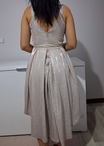 V Yaka İşlemeli Mini Abiye Elbise simli - Görsel 4