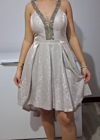 V Yaka İşlemeli Mini Abiye Elbise simli - Görsel 5