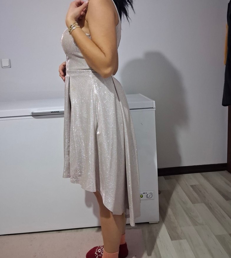 V Yaka İşlemeli Mini Abiye Elbise simli - Görsel 2