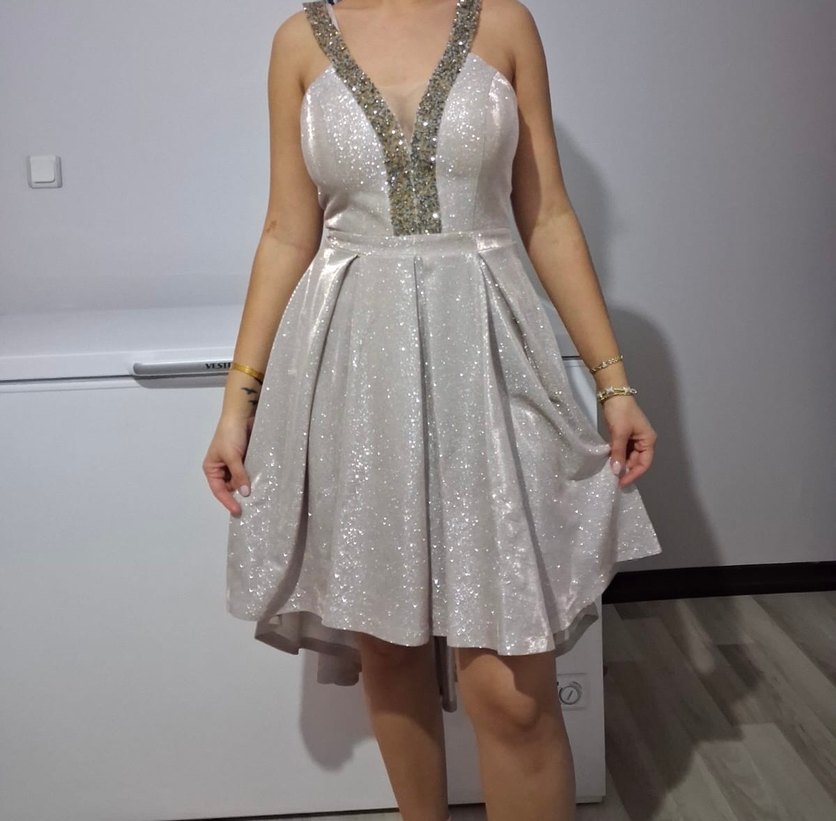 V Yaka İşlemeli Mini Abiye Elbise simli - Görsel 5