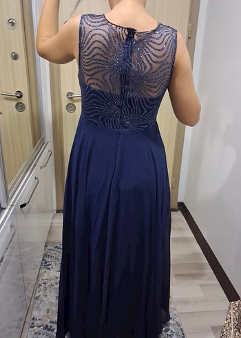 Lacivert Payet İşlemeli Uzun Abiye Elbise - Görsel 4