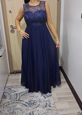 Lacivert Payet İşlemeli Uzun Abiye Elbise - Görsel 6