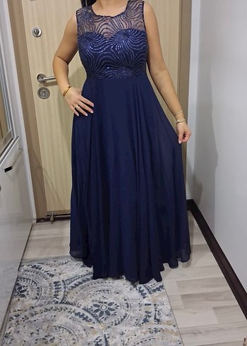 Lacivert Payet İşlemeli Uzun Abiye Elbise - Görsel 5