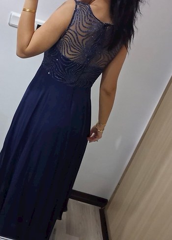 Lacivert Payet İşlemeli Uzun Abiye Elbise - Görsel 3