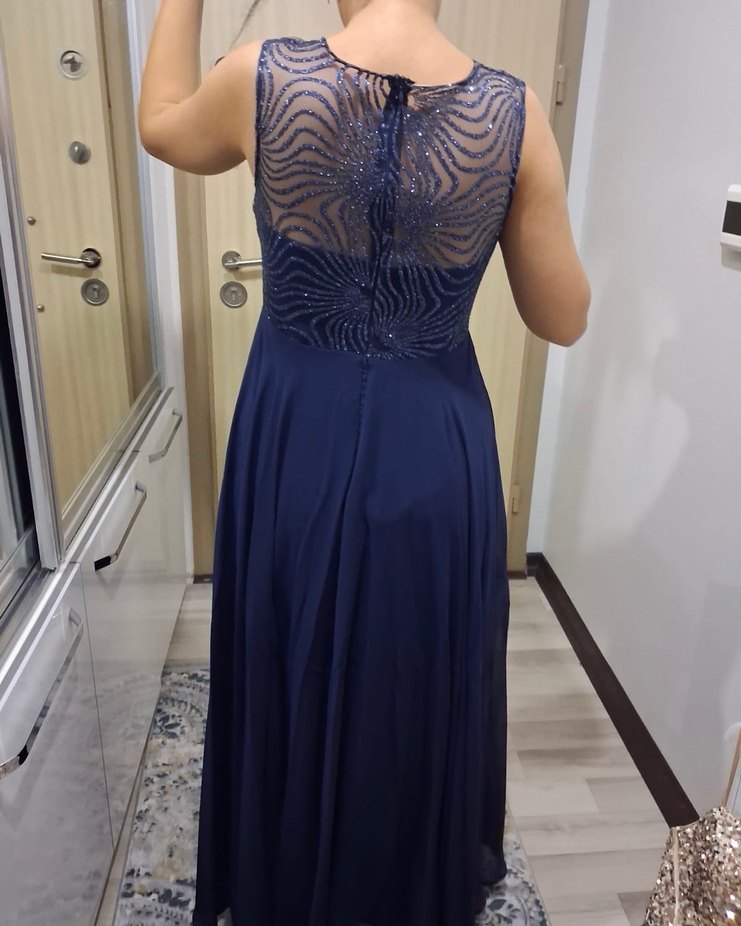 Lacivert Payet İşlemeli Uzun Abiye Elbise - Görsel 4