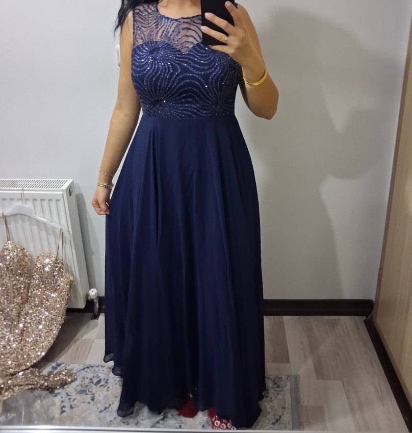 Lacivert Payet İşlemeli Uzun Abiye Elbise - Görsel 2