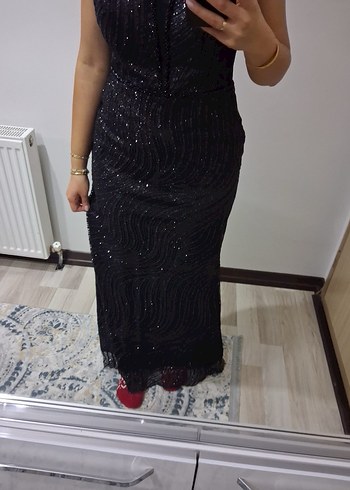 Siyah İşlemeli Uzun V Yaka Abiye Elbise - Görsel 2