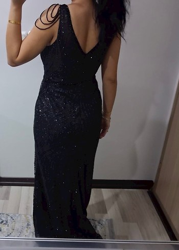 Siyah İşlemeli Uzun V Yaka Abiye Elbise - Görsel 7