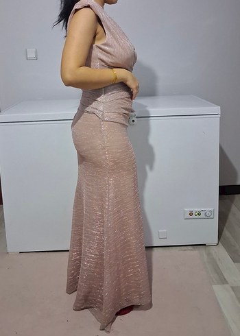 Pembe Drapeli V Yaka Uzun Abiye Elbise vatkalı - Görsel 2