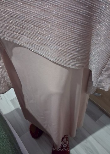 Pembe Drapeli V Yaka Uzun Abiye Elbise vatkalı - Görsel 6