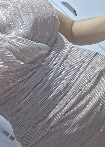 Pembe Drapeli V Yaka Uzun Abiye Elbise vatkalı - Görsel 8