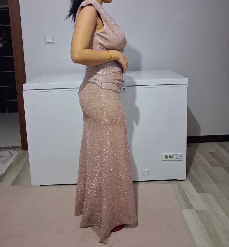 Pembe Drapeli V Yaka Uzun Abiye Elbise vatkalı - Görsel 2