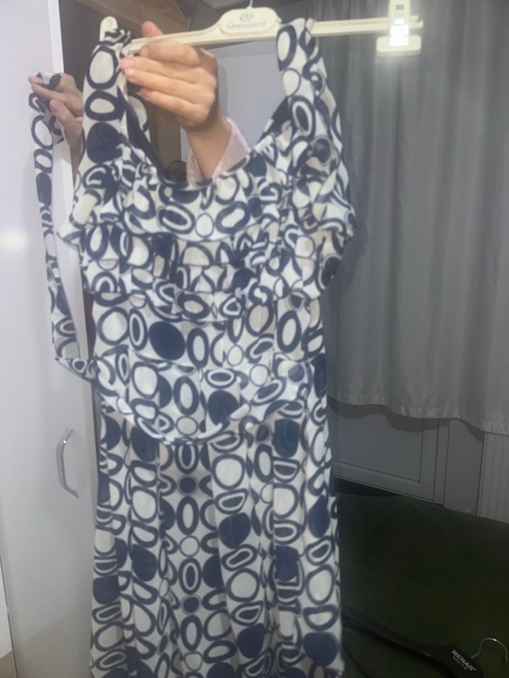 Retro Desenli beyaz& lacivert desenli Midi Elbise - Görsel 2