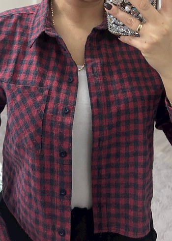 Bordo Kareli Düğmeli Salaş Kadın Gömlek Qu zu marka - Görsel 3