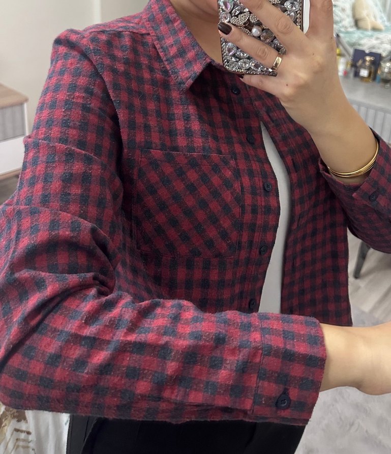 Bordo Kareli Düğmeli Salaş Kadın Gömlek Qu zu marka - Görsel 5