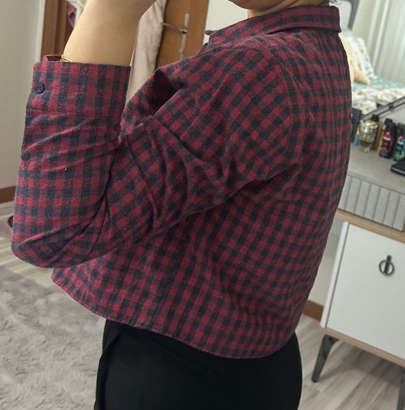 Bordo Kareli Düğmeli Salaş Kadın Gömlek Qu zu marka - Görsel 4