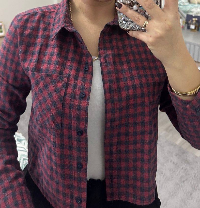 Bordo Kareli Düğmeli Salaş Kadın Gömlek Qu zu marka - Görsel 3