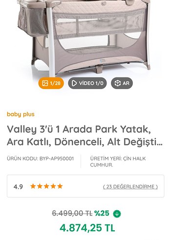 Baby Plus Valley 3'ü1 Arada Park Yatak Gri
