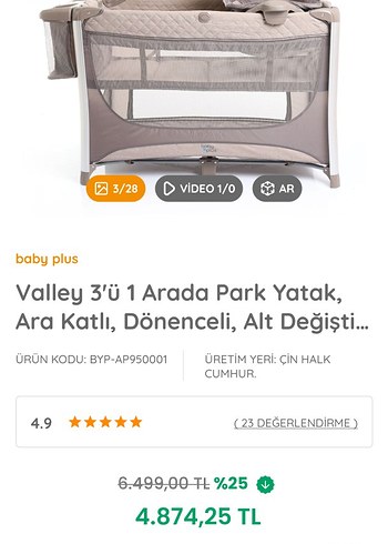  Beden Baby Plus Valley 3'ü1 Arada Park Yatak Gri