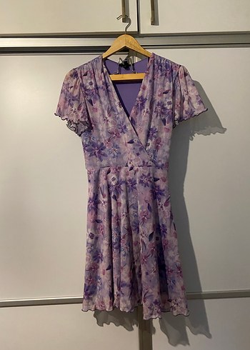 Mor Bağlama Desenli mini Bohem Elbise