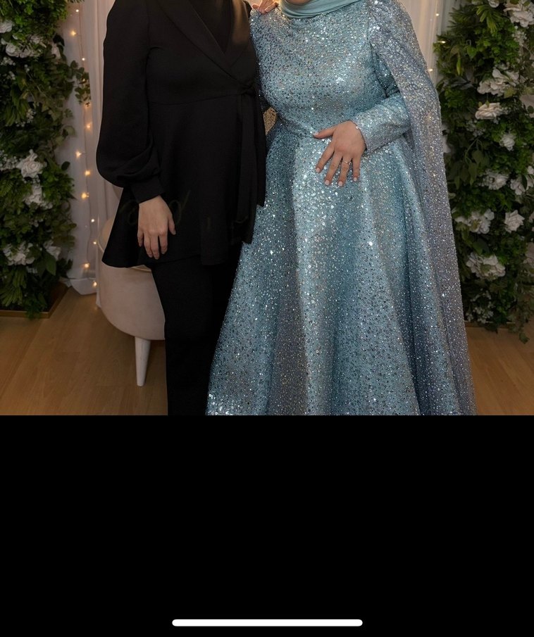 Parlak Mavi Uzun Kollu Kadın Abiye Elbise NIŞANLIK - Görsel 2