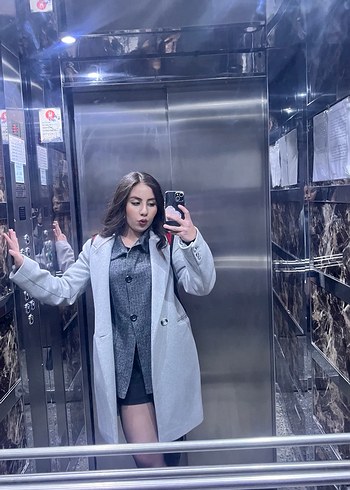 Gri Deri Midi Kadın Ofis Kabanı - Görsel 3