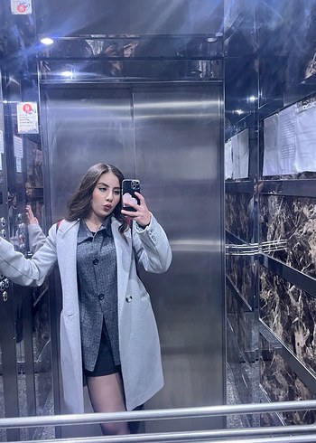 Gri Deri Midi Kadın Ofis Kabanı - Görsel 2