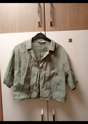 Düğmeli Kısa Kollu Keten Kadın Gömlek - Görsel 2