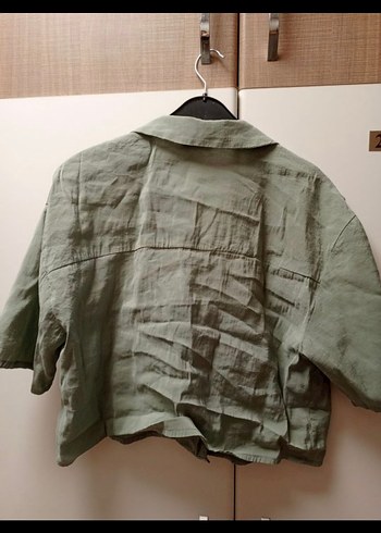 Düğmeli Kısa Kollu Keten Kadın Gömlek - Görsel 6