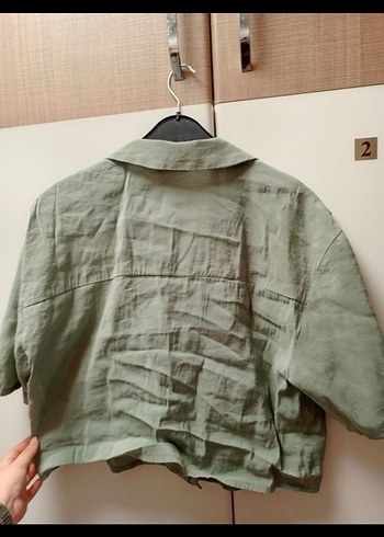 Düğmeli Kısa Kollu Keten Kadın Gömlek - Görsel 4