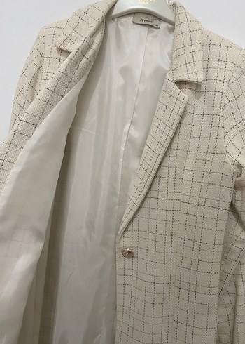 Düğmeli Beyaz Ekose Kadın Blazer - Görsel 5