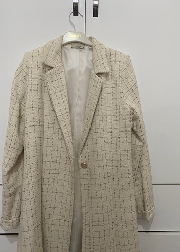 Düğmeli Beyaz Ekose Kadın Blazer - Görsel 3