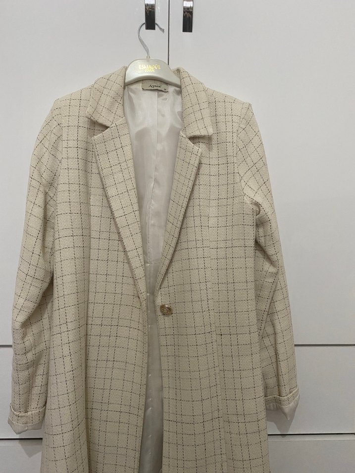 Düğmeli Beyaz Ekose Kadın Blazer - Görsel 3