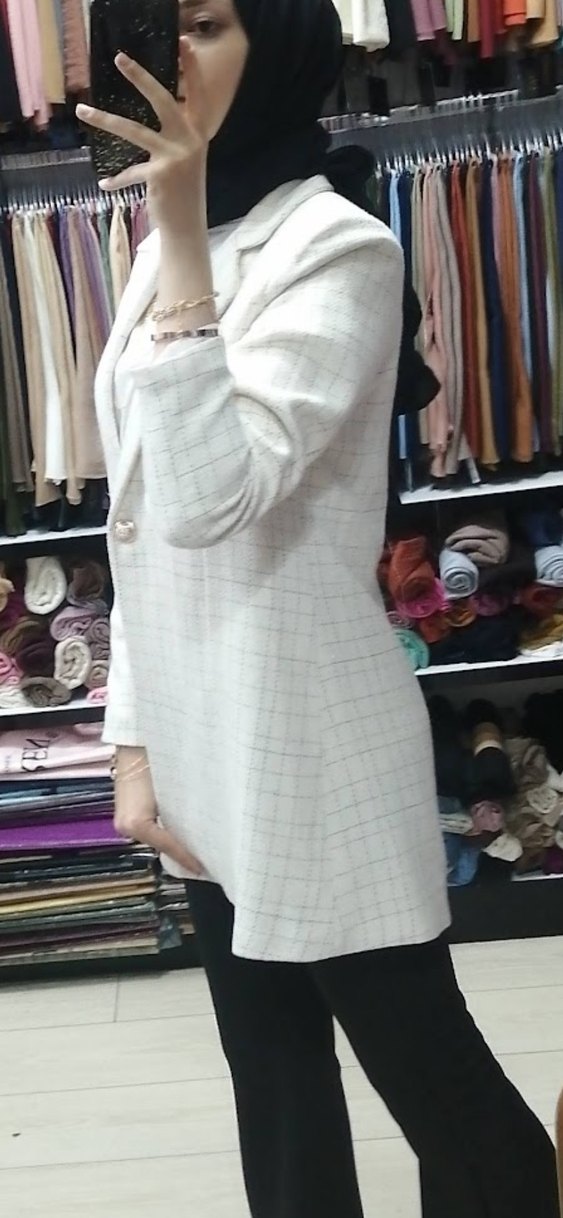 Düğmeli Beyaz Ekose Kadın Blazer - Görsel 2