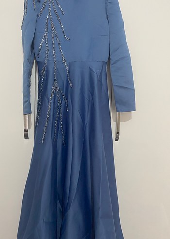 Mavi Uzun Kollu Yüksek Yakalı Abiye Elbise - Görsel 4