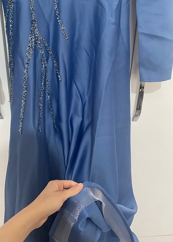 Mavi Uzun Kollu Yüksek Yakalı Abiye Elbise - Görsel 5