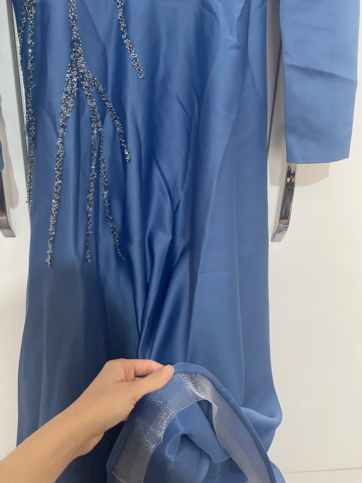 Mavi Uzun Kollu Yüksek Yakalı Abiye Elbise - Görsel 5