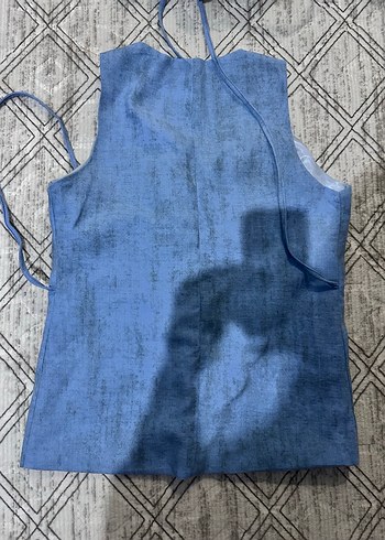 Düğmeli Mavi Keten Kadın Yelek - Görsel 2