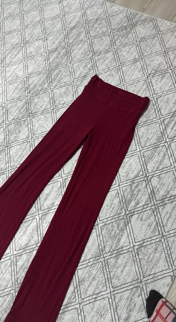 Bordo Kadın Uzun Kumaş İspanyol paça Pantolon - Görsel 2