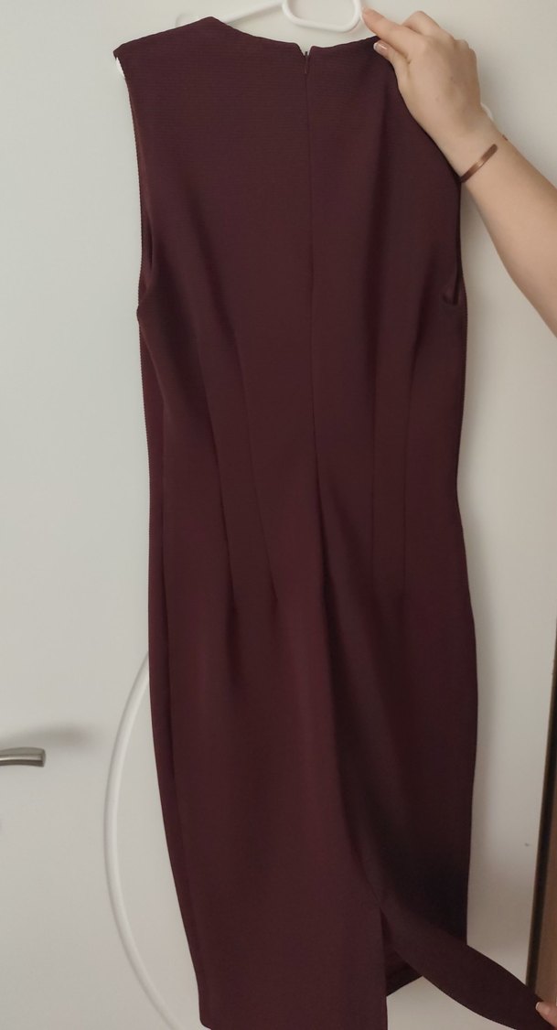 Bordo Midi V Yakalı Kolsuz Elbise - Görsel 3