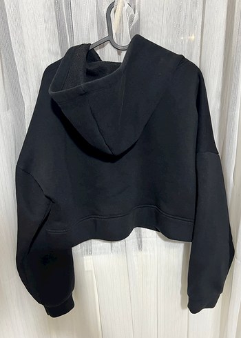 m Beden Fermuarlı Yüksek Yakalı Siyah Kadın Crop Sweatshirt Hırka